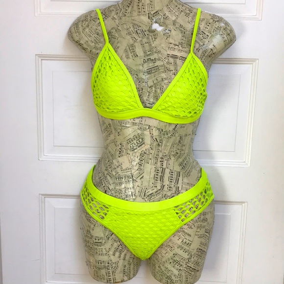Forever 21 Sz M bikini fluorescent green basket weave full coverage bottom Y2K - Picture 1 of 11
